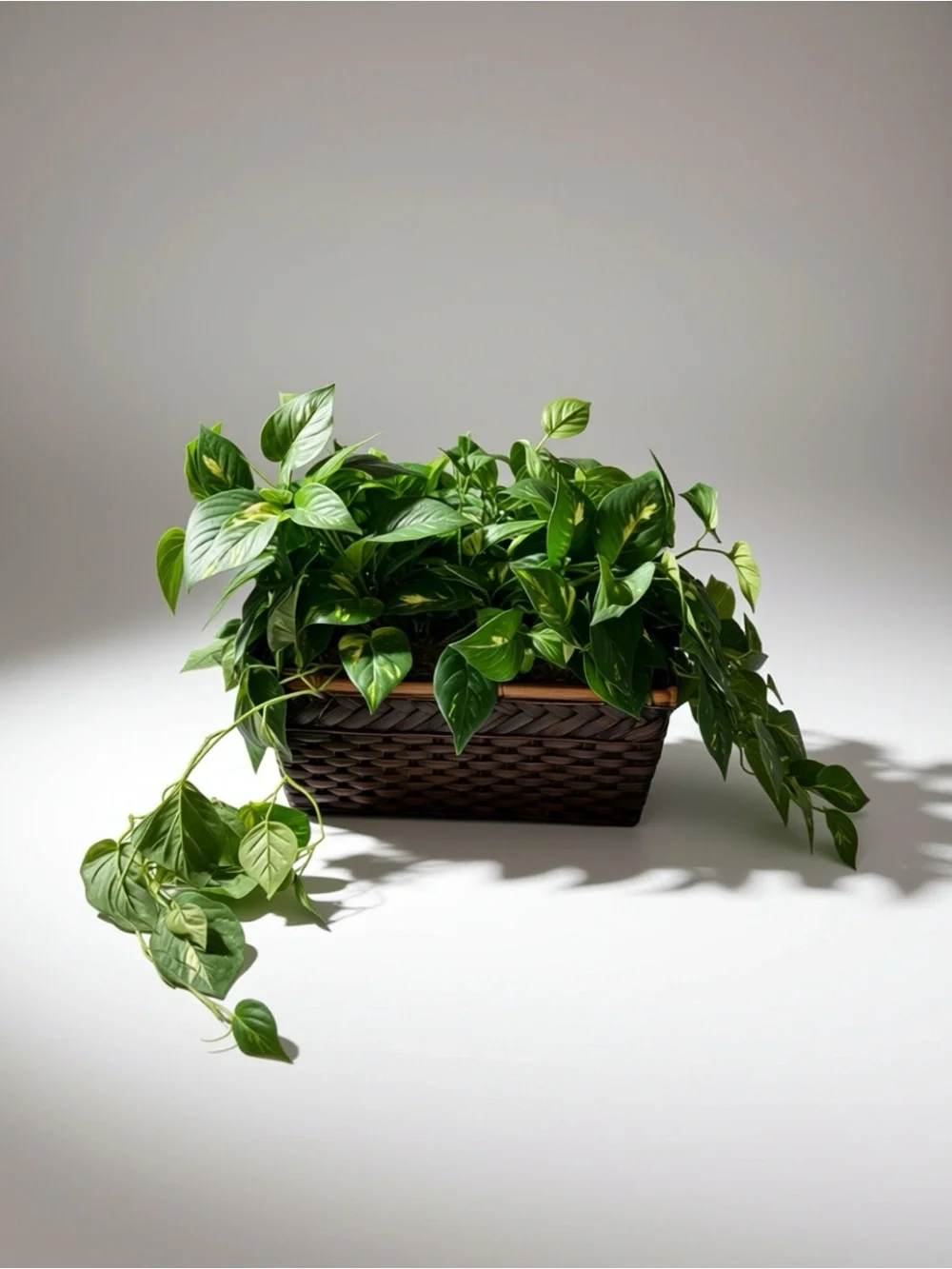Faux Green Trailing Houseplant in Brown Woven Planter Basket
